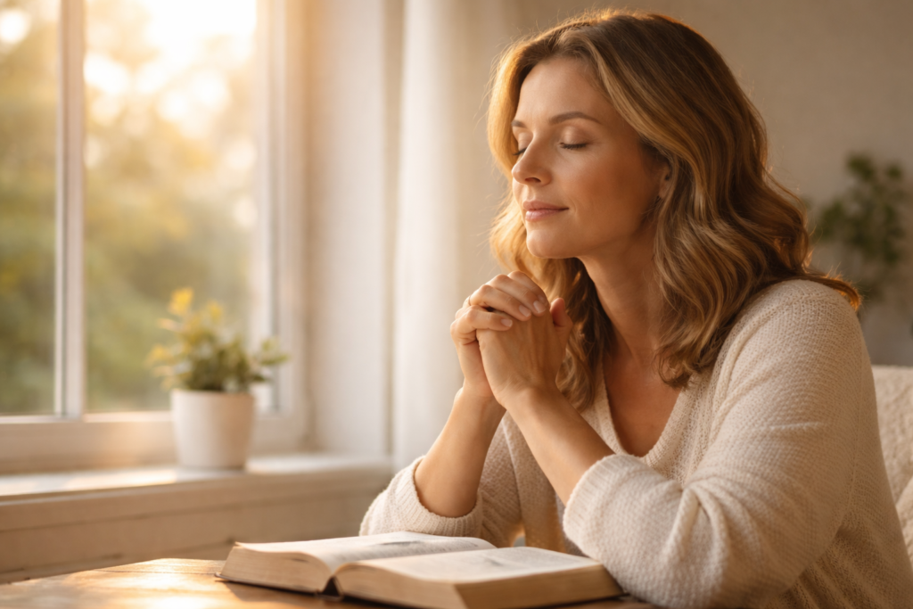 Woman praying peacefully with eyes closed in soft morning light